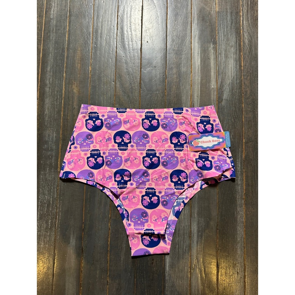Cheek Boss Women Pink Purple Sugar Skull Floral High Waisted Briefs Panties